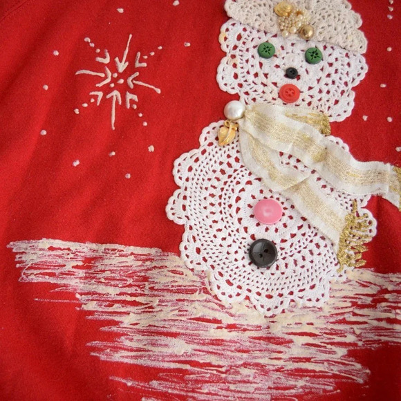 Vintage Jerzees Red Snowman Lace & Buttons &  Snowflakes Crewneck Sweater 2X - Picture 8 of 14
